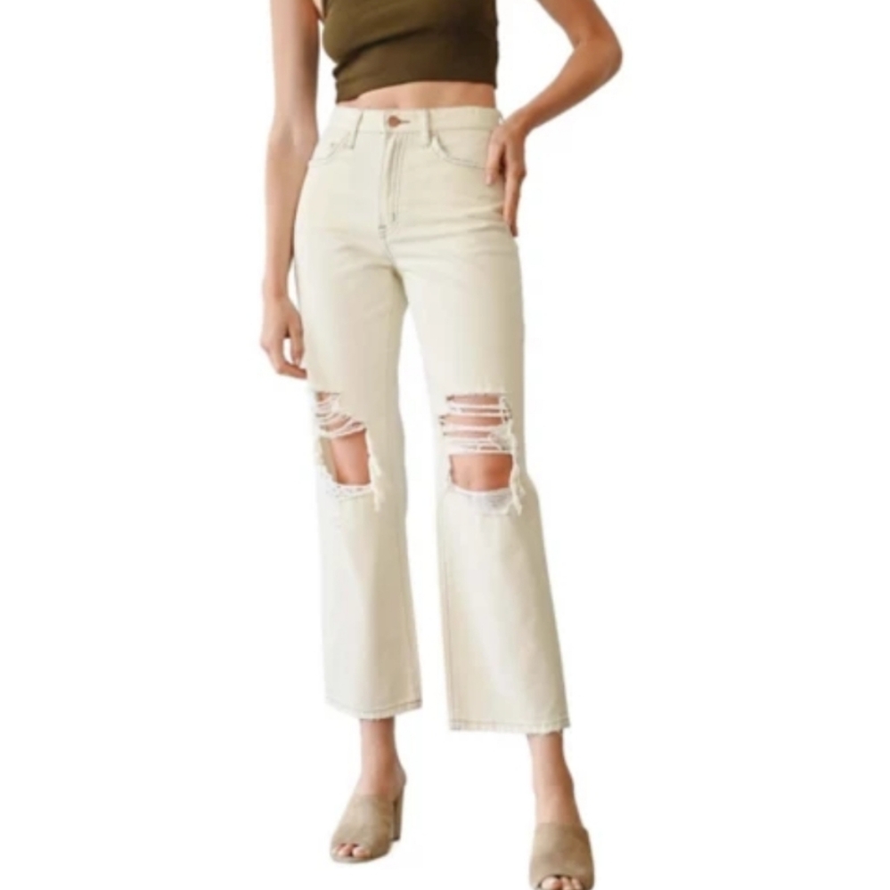 Mica Super High Dad Jean Ripped Distressed Off White Denim Sz 26 NWT